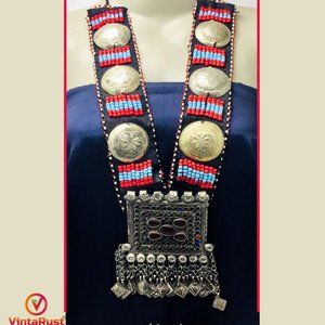 Vintage Turkmen Style Necklace, Turkmen Handmade Pendant Necklace With Beads